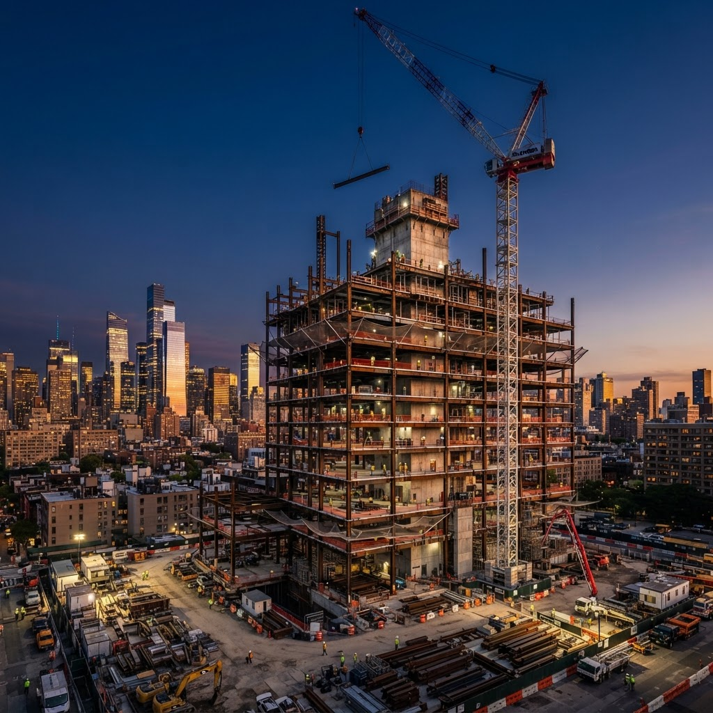 Obra de engenharia civil moderna com estrutura em concreto e guindaste